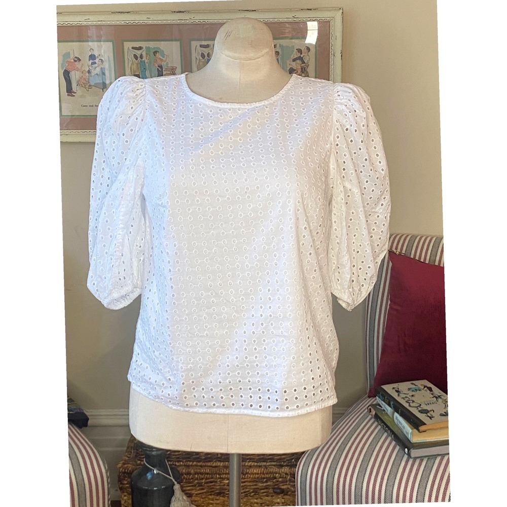 A New Day‎ White Eyelet Puff Sleeve Blouse Tie Back Top Size M coastal beach